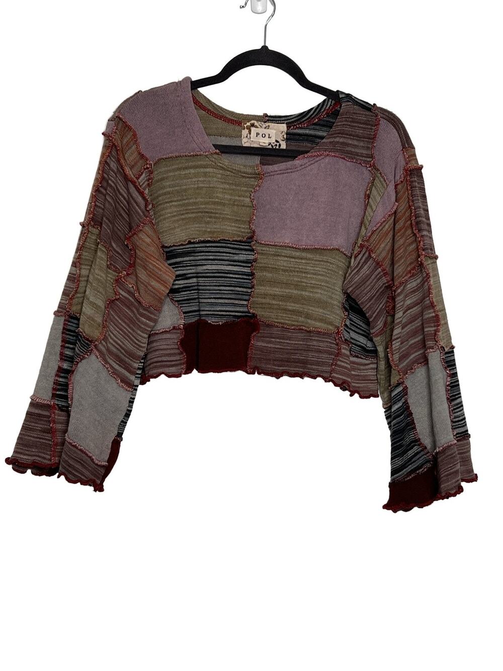 POL Patchwork Knit Cropped Long Sleeve Top Small Multicolor Cotton Ruffled Hem